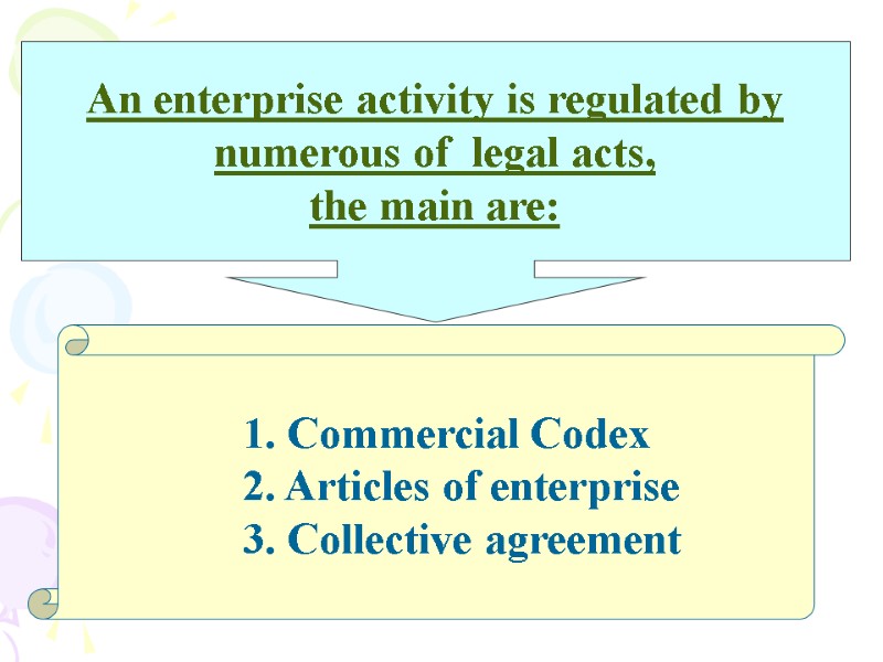 An enterprise activity is regulated by numerous of  legal acts, the main are: